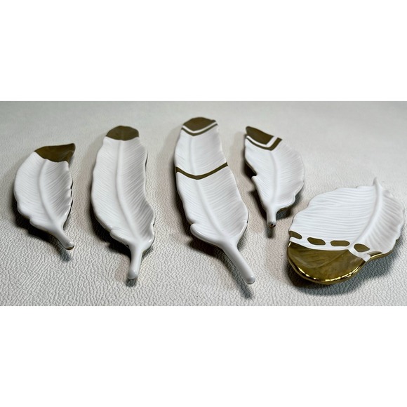 Set of 5 Porcelain Feather Wall Hangings White‎ & Gold Ceramic Boho Decor - Picture 10 of 10